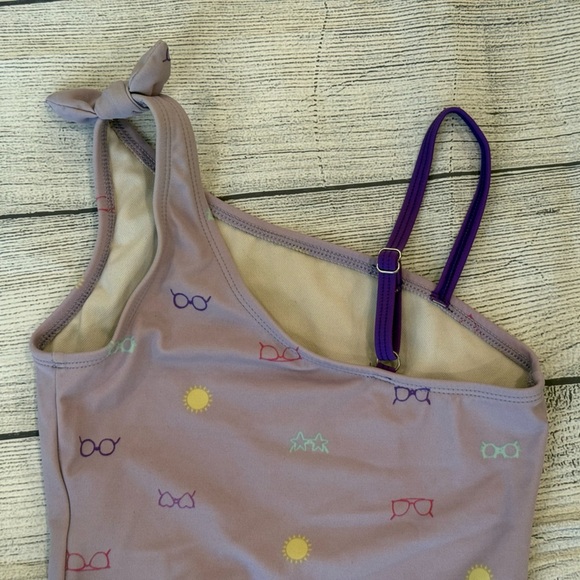 LANDS END girls One-Shoulder lilac Swimsuit with Bow Print/size 8S - Picture 4 of 6